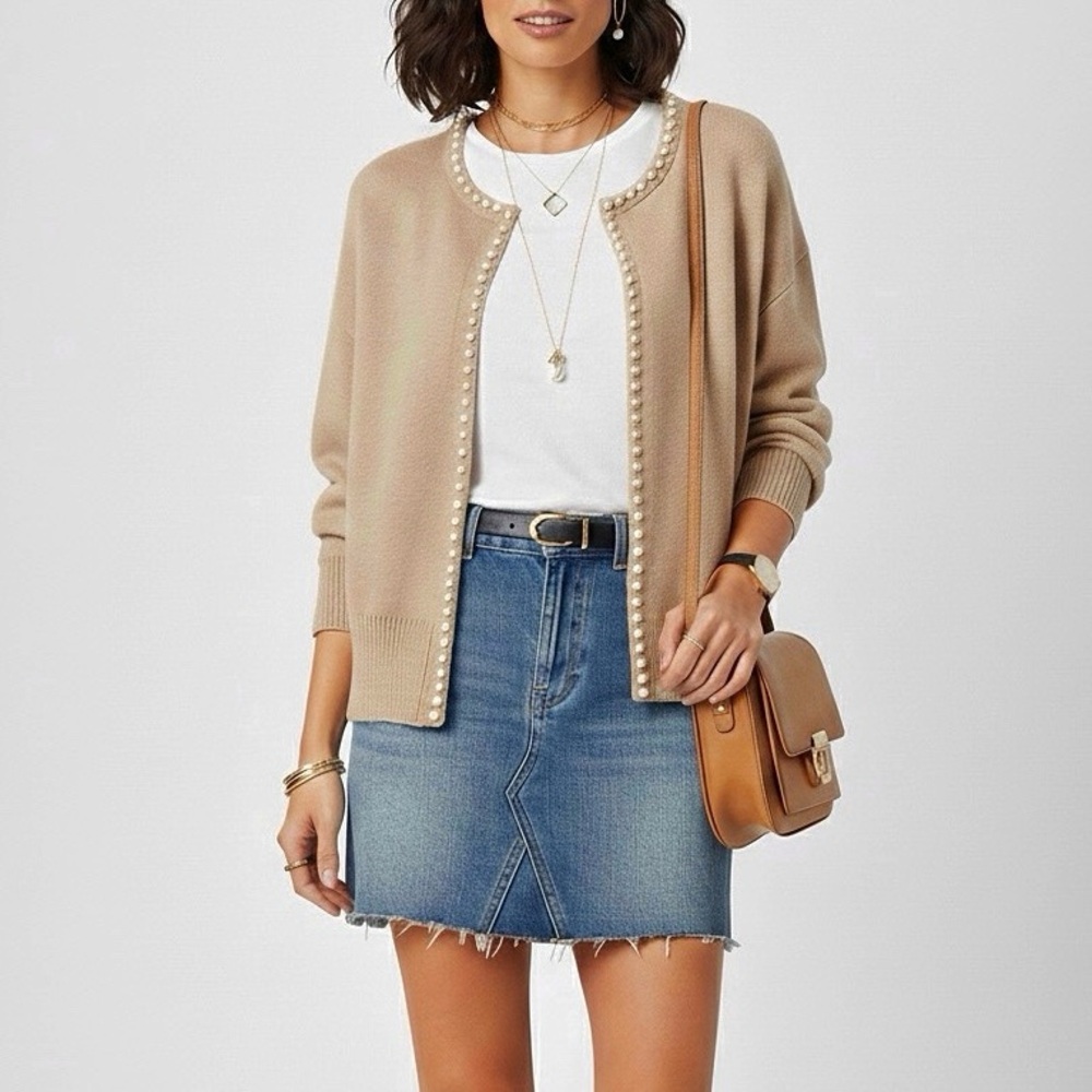 Pearl Trim Cardigan Open Hook-Front Ribbed Knit Long Sleeve Women’s Size XL
